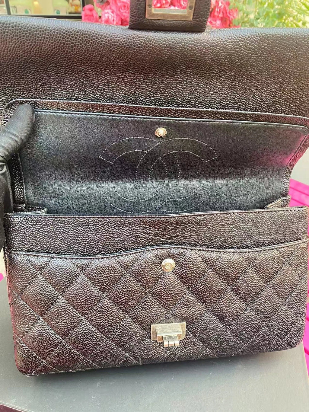 CHANEL Black Silver Leather Shoulder Crossbody Bag For Women