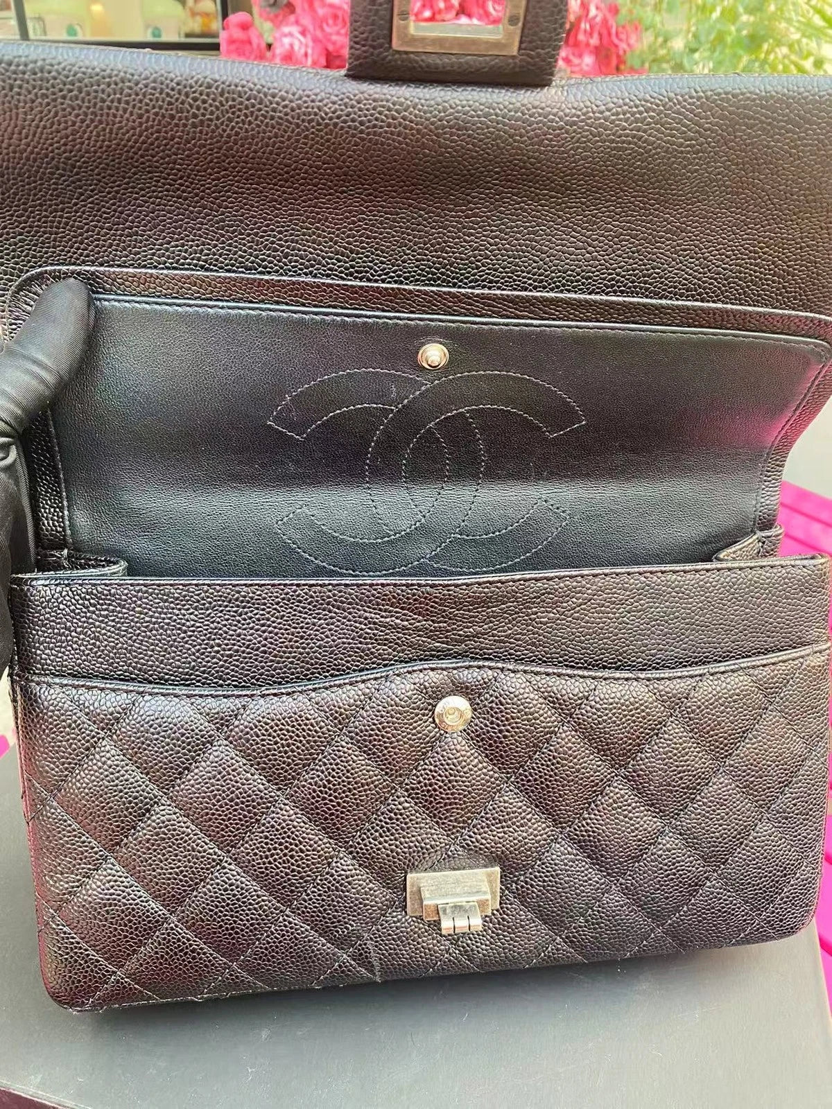 CHANEL Black Silver Leather Shoulder Crossbody Bag For Women