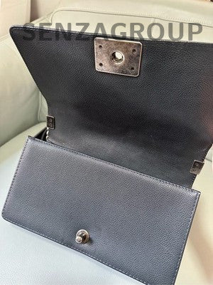 Chanel Le Boy Calfskin Chain Shoulder Bag Black Silver Classic Women