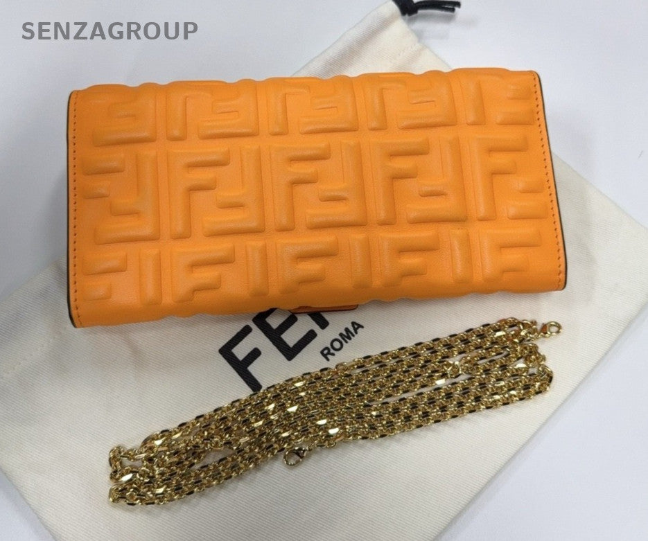FENDI Relief sculpture Logo Chain Shoulder bag Crossbody Women Orange