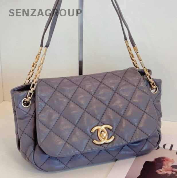 Chanel Calfskin Chain Shoulder Bag Gray Gold Women Classic Fashion
