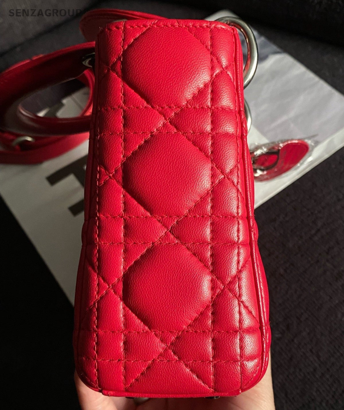 Christian Dior Lady Dior 2Way Top Handle Bag Crossbody Red Silver Women Classic