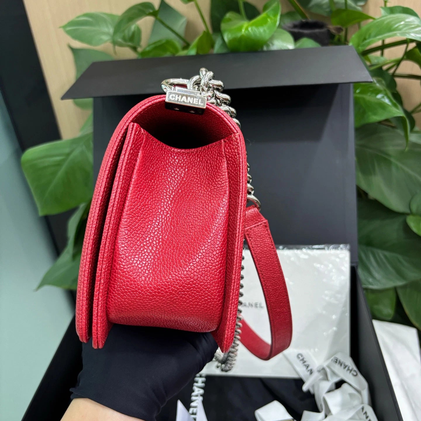 Chanel Leboy MM Calfskin Chain Shoulder Bag Crossbody Red Silver Women Classic