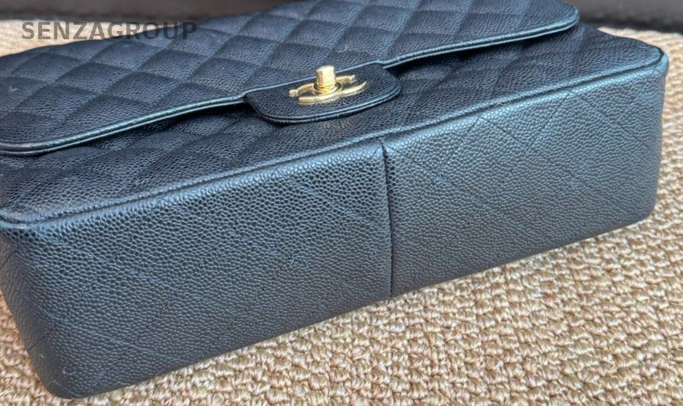Chanel Classic Flap Jumbo Calfskin Chain Shoulder Bag Black Gold Women Diamond