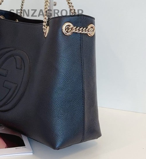 GUCCI Soho Tote Calfskin Leather Chain Shouder Bag Black White Women Classic
