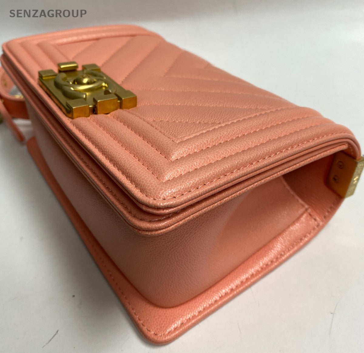 Chanel Leboy PM Chain Shoulder Bag Pink Gold Chevron Women Classic Fashion