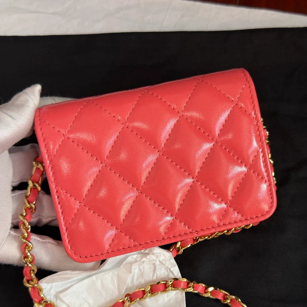 New Chanel VIC Calfskin Pink Chain Crossbody Diamond with Dust Bag