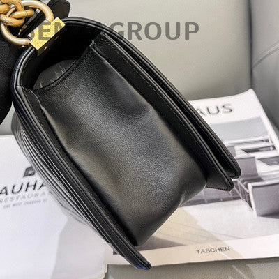 Chanel Black Gold Chevron Calfskin Medium Le Boy Chain Shoulder Bag