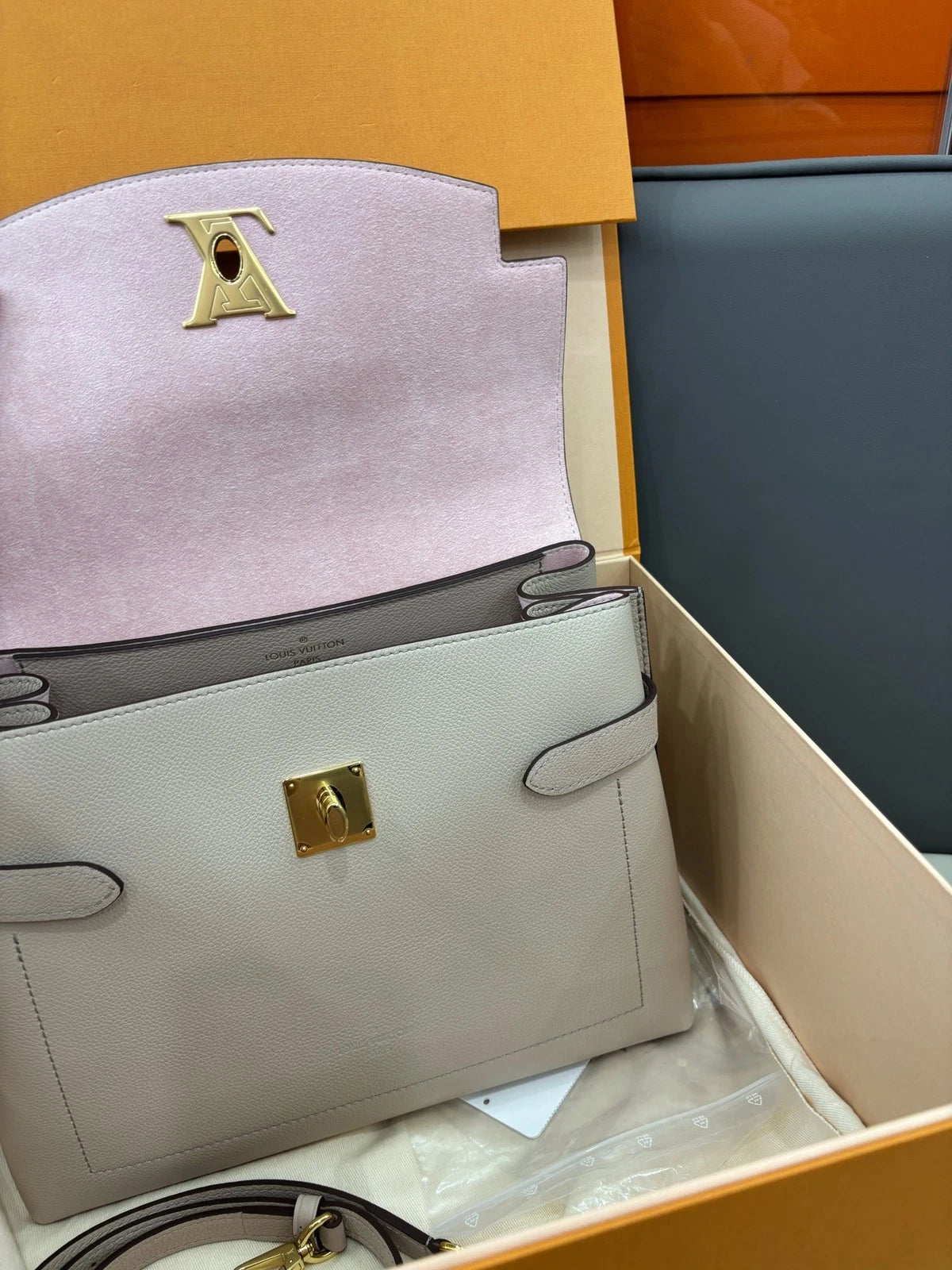 Louis Vuitton Lock Me Ever Medium Top Handle Bag Grey Gold Women Classic