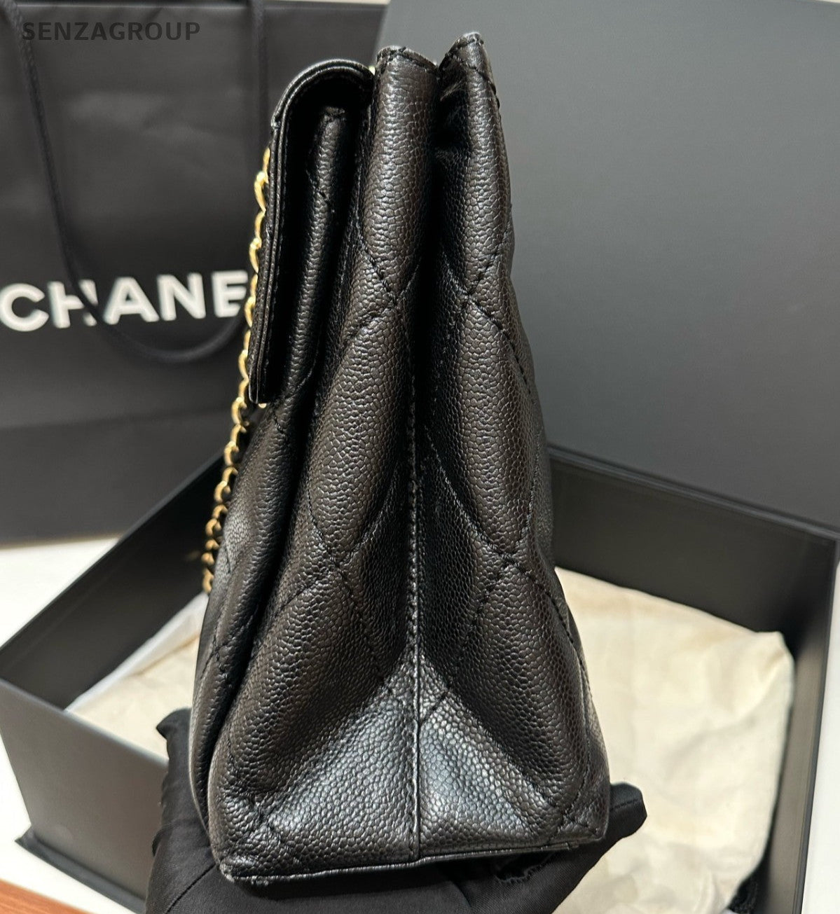 Chanel Satchel Chain Diamond Shoulder Bag Black Gold Women Classic Fashion