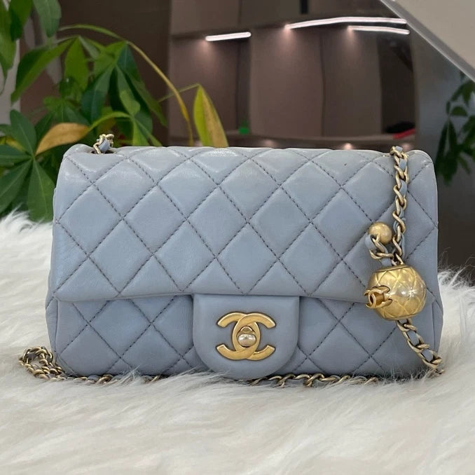 Chanel Mini Gold Ball Chain Shoulder Crossbody Bag Grey Gold Classic