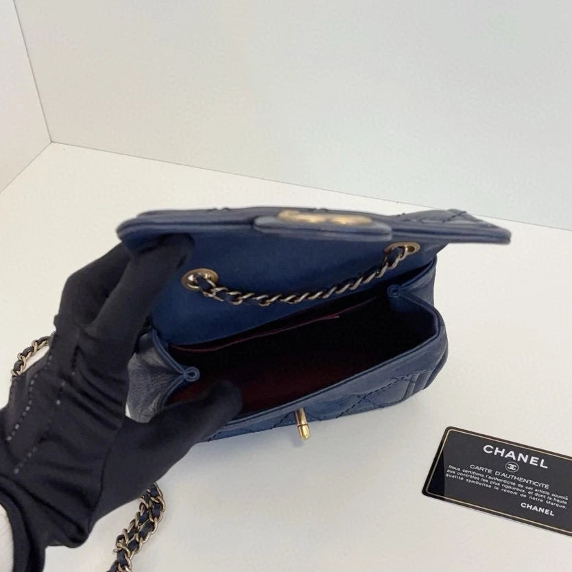 Chanel Classic Flap Chain Shoulder Bag Crossbody Blue Gold Women Diamond