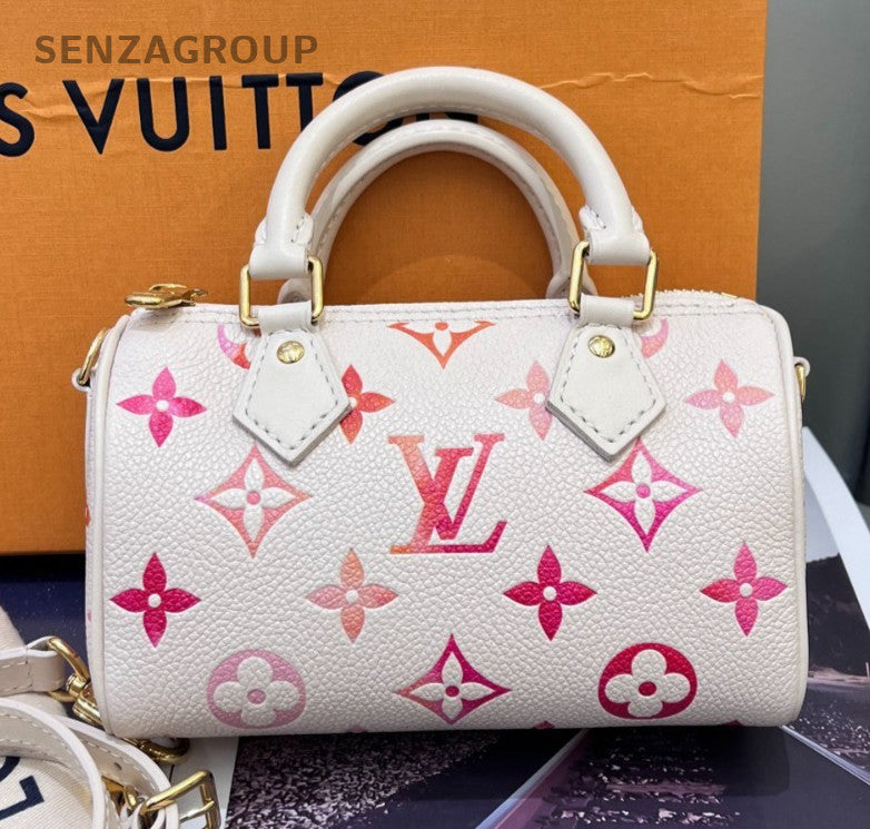Louis Vuitton Speedy Nano Monogram Top Handle Bag Crossbody White Gold Women