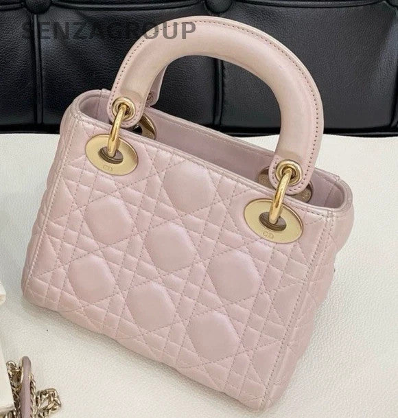 Christian Dior Lady Dior Chain Crossbody Top Handle Bag Pink Gold Women Classic