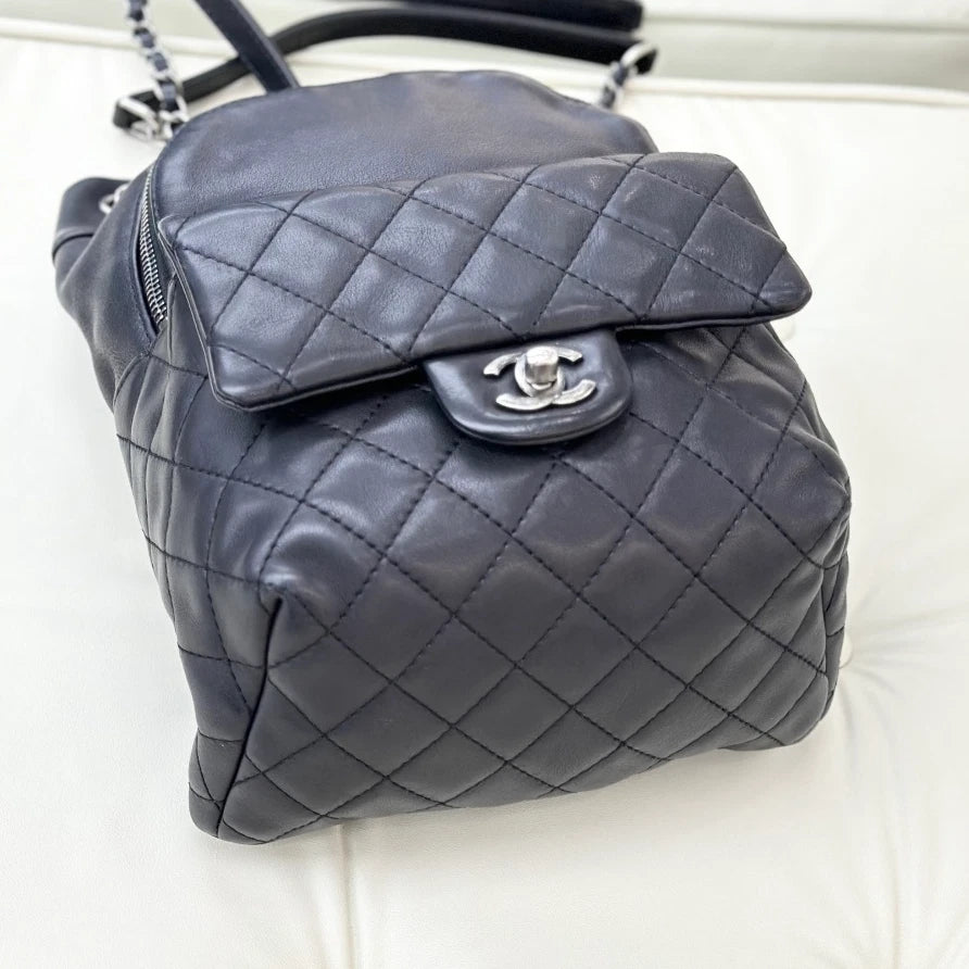 Chanel Backpack Calfskin Chain Black Silver Hardware Women Fashion S
