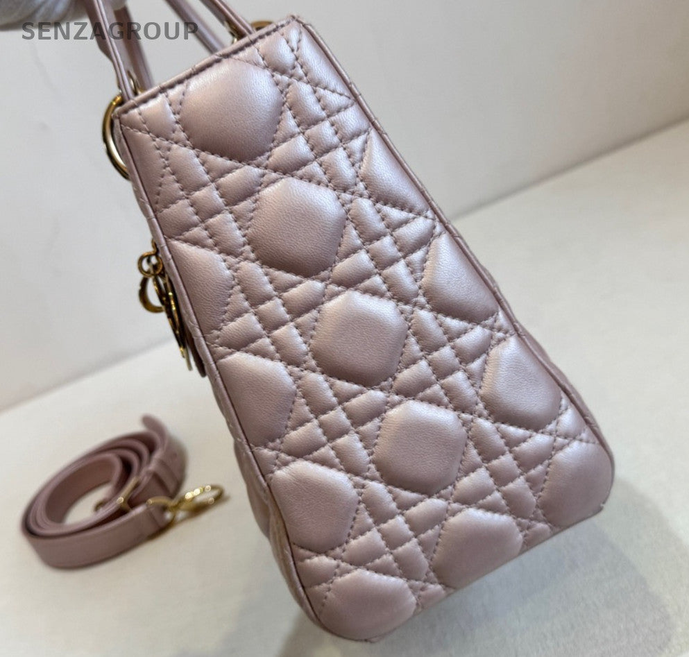 Christian Dior Lady Dior Lambskin Top Handle Bag Crossbody Pink Gold Used Women