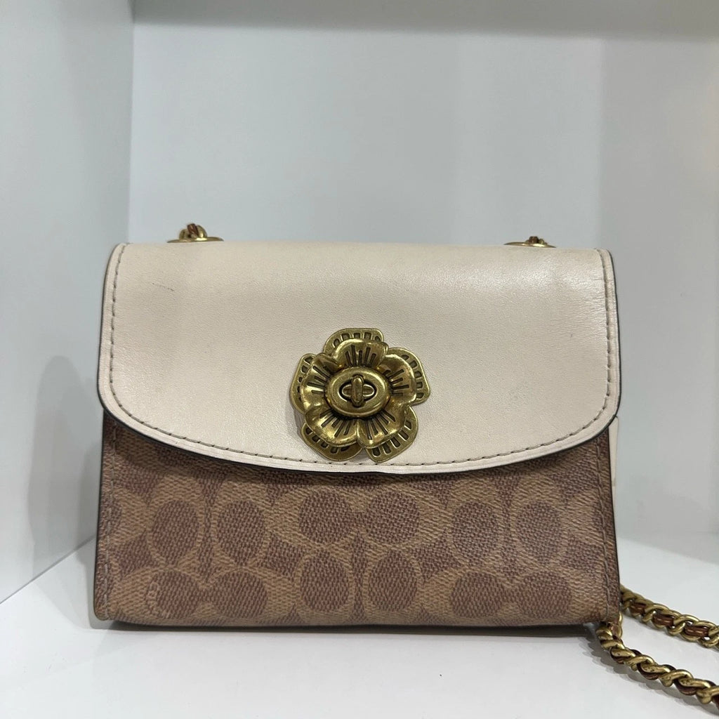 Coach Camellia Canvas Leather Crossbody Shoulder Bag For Women White Brown