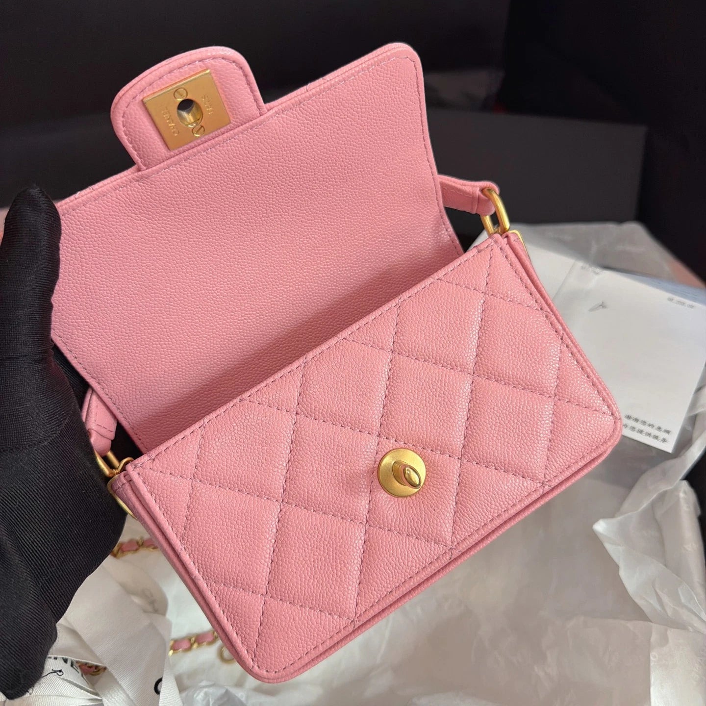 Chanel Classic Flap Chain Top Handle Crossbody Pink Gold Women Fashion Diamond