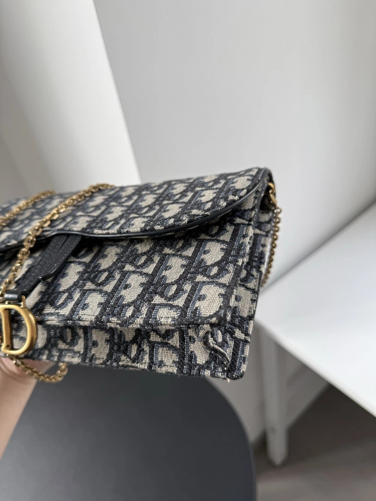 Dior Saddle Canvas Gold Blue Shoulder Bag Chain Bag Excellent