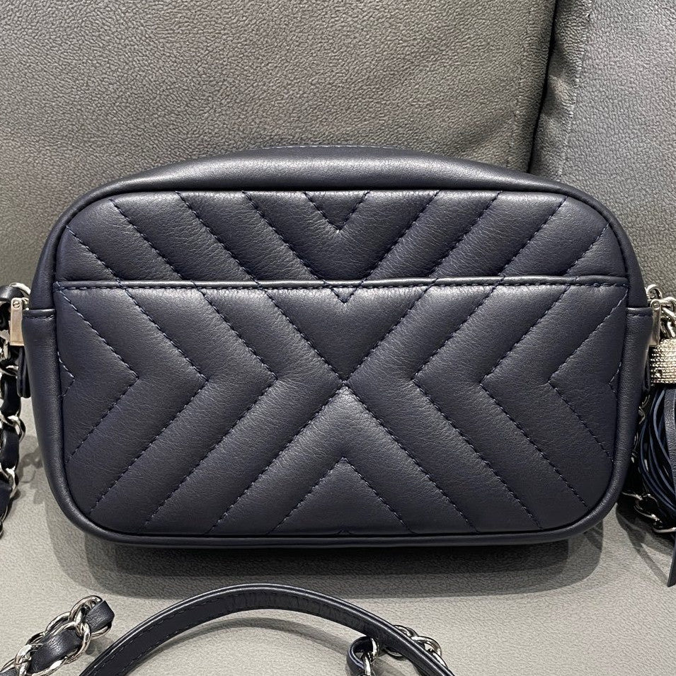 Chanel Navy Blue Silver Hardware Tassel Camera Bag Chain Shoulder Crossbody