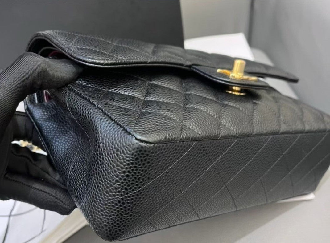 Chanel Classic Flap PM Chain Calfskin Shoulder Crossbody Black Gold Women