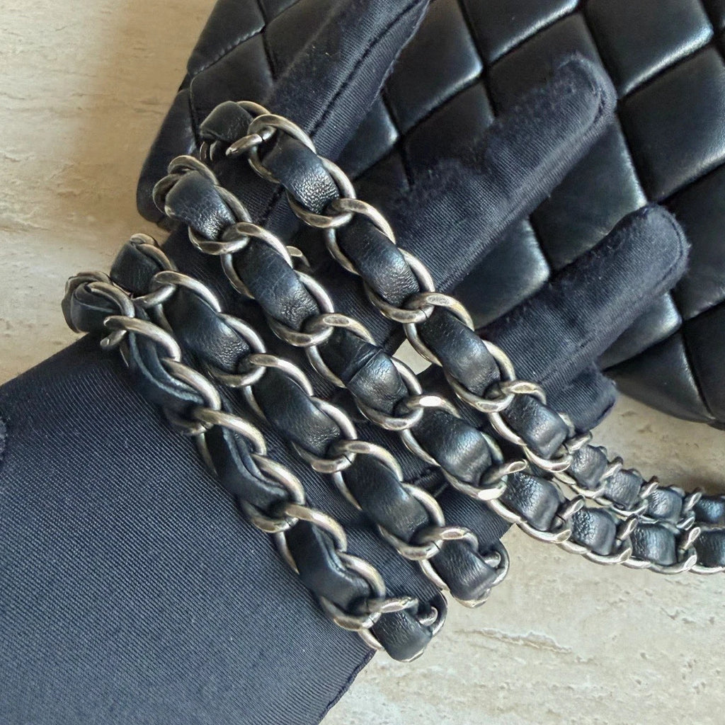 Chanel Classic Flap Puff Diamond Silver Chain Black Shoulder Bag Turn Lock
