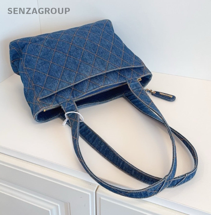 CHANEL Vintage Tote Denim Diamond Pattern Shoulder bag Blue Limited Edition