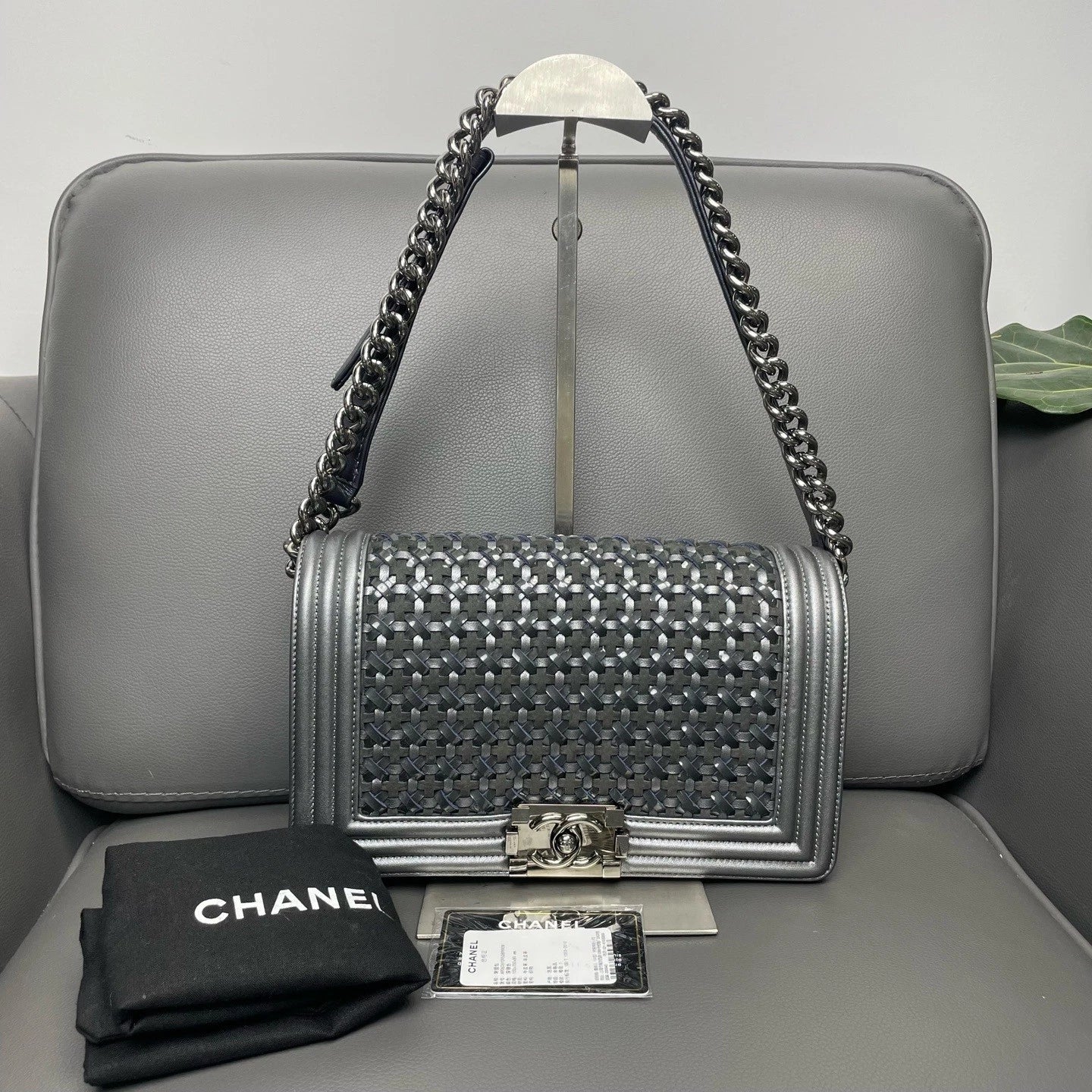 CHANEL Medium Leboy Woven Flap Silver Shoulder Crossbody Women