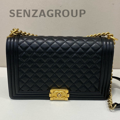 Chanel Le Boy Large Black Gold Quilted Leather Chain Shoulder Bag