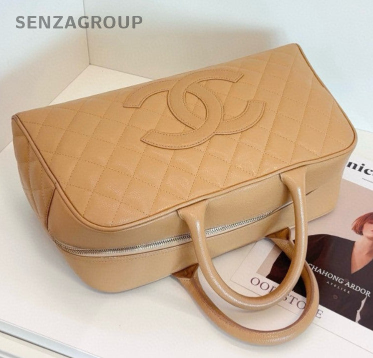 Chanel Bolide GM Top Handle Bag Beige Gold Diamond Women Classic CC Logo