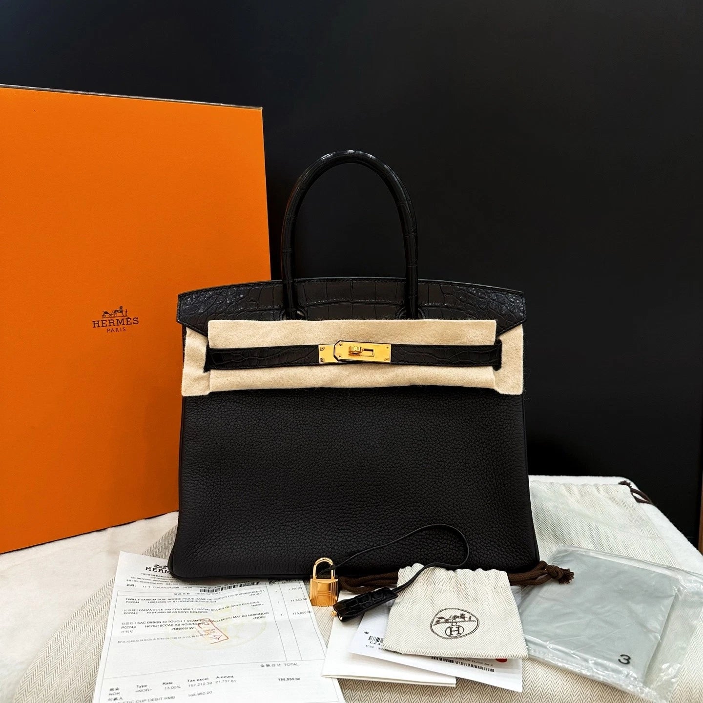 Hermes Birkin30 Black Gold Togo Leather Handbag For Women