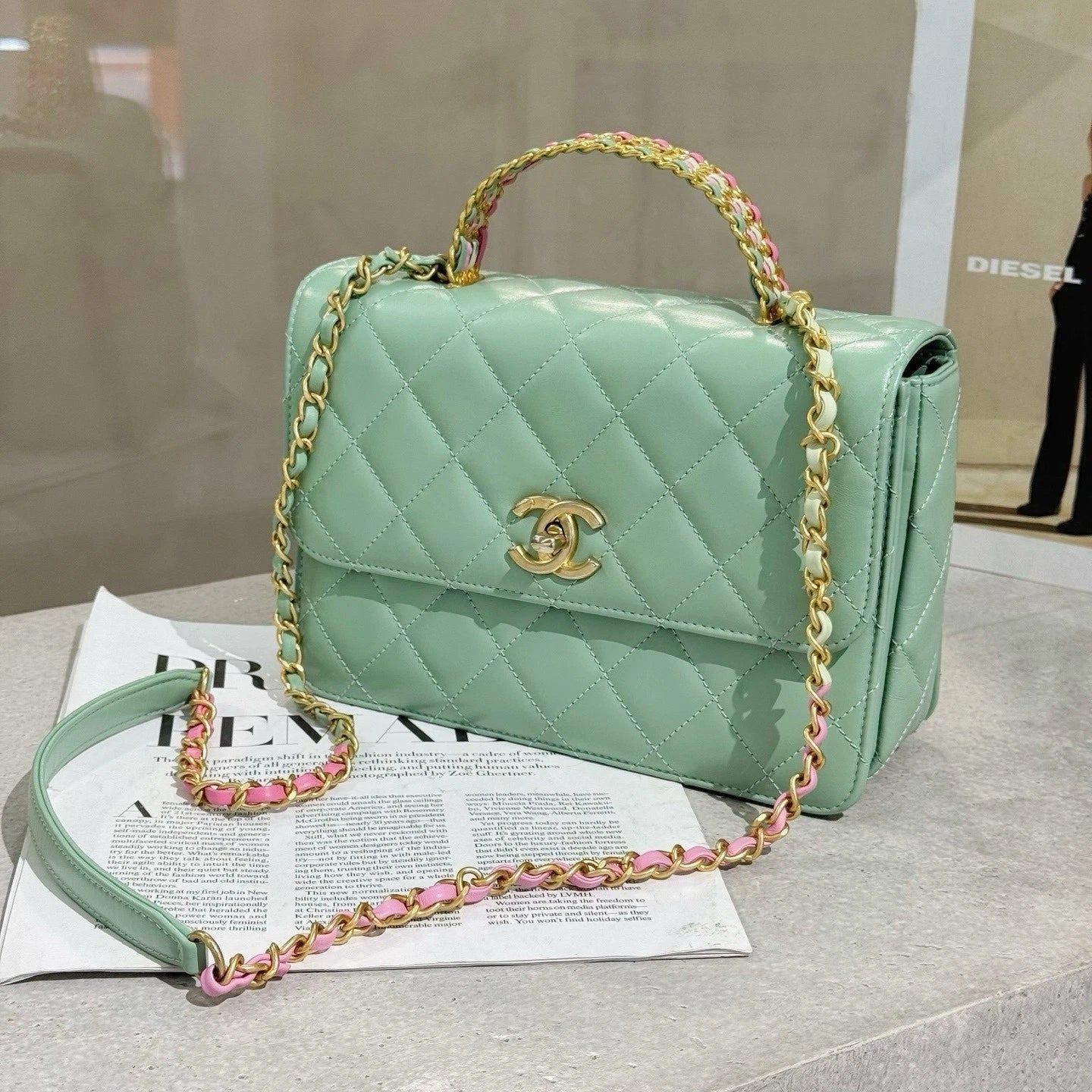 CHANEL Green Leather Top Handle Flap Crossbody Bag For Women