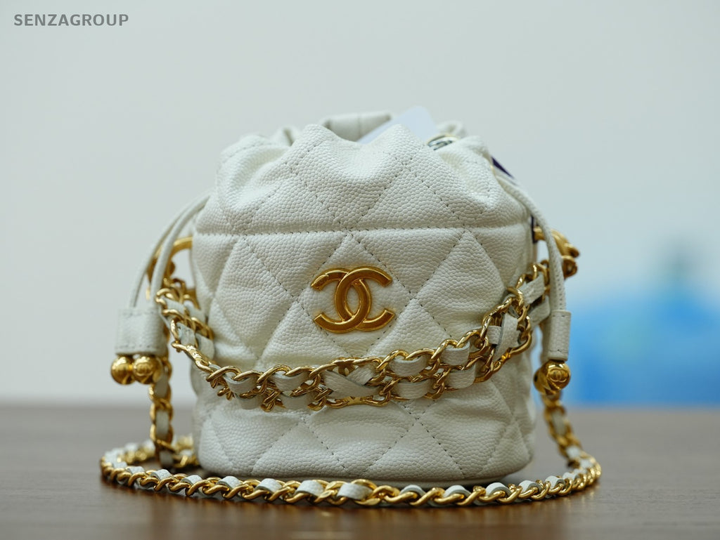 CHANEL Caviar CC Bucket mini Chain Shoulder bag Women White Gold Drawstring