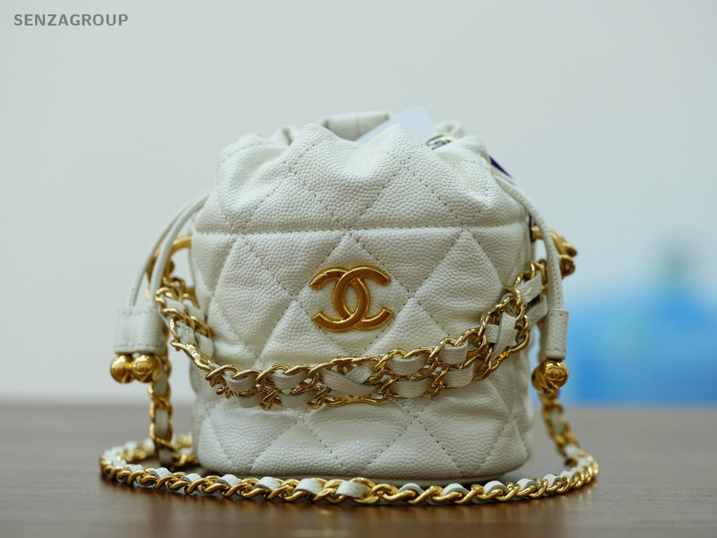 CHANEL Caviar CC Bucket mini Chain Shoulder bag Women White Gold Drawstring