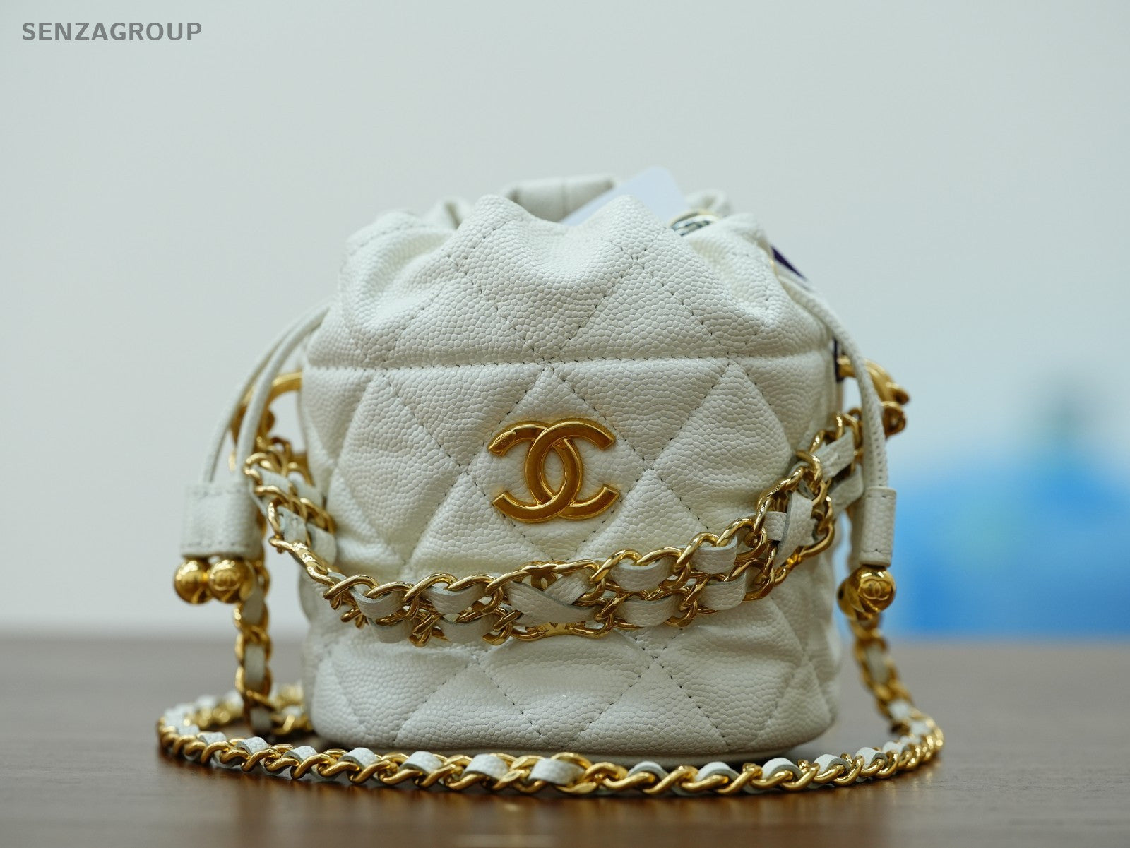 CHANEL Caviar CC Bucket mini Chain Shoulder bag Women White Gold Drawstring
