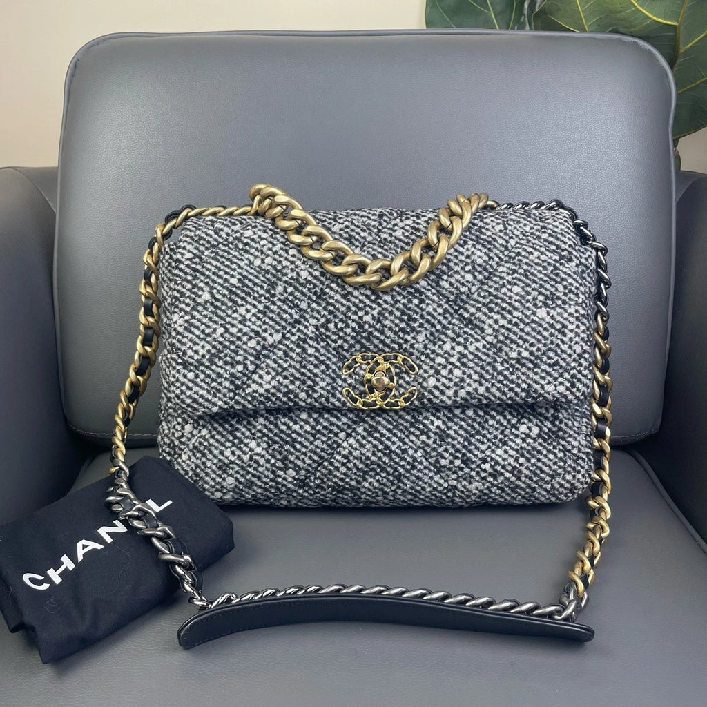 CHANEL 19 Large Wool Leather Shoulder Crossbody Handbag For Women