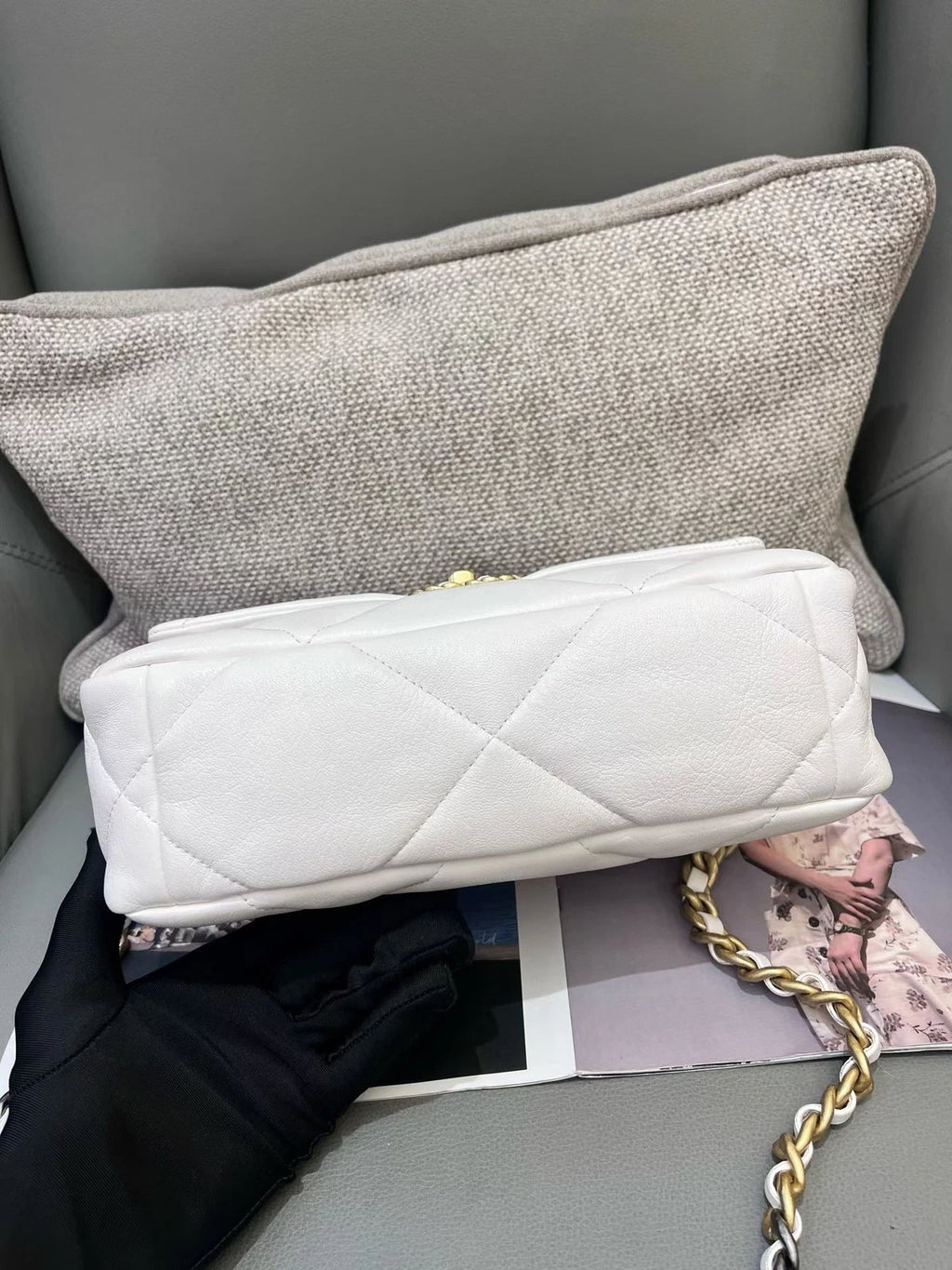 Chanel 19Bag PM Chain Top Handle Crossbody White Gold Women Classic