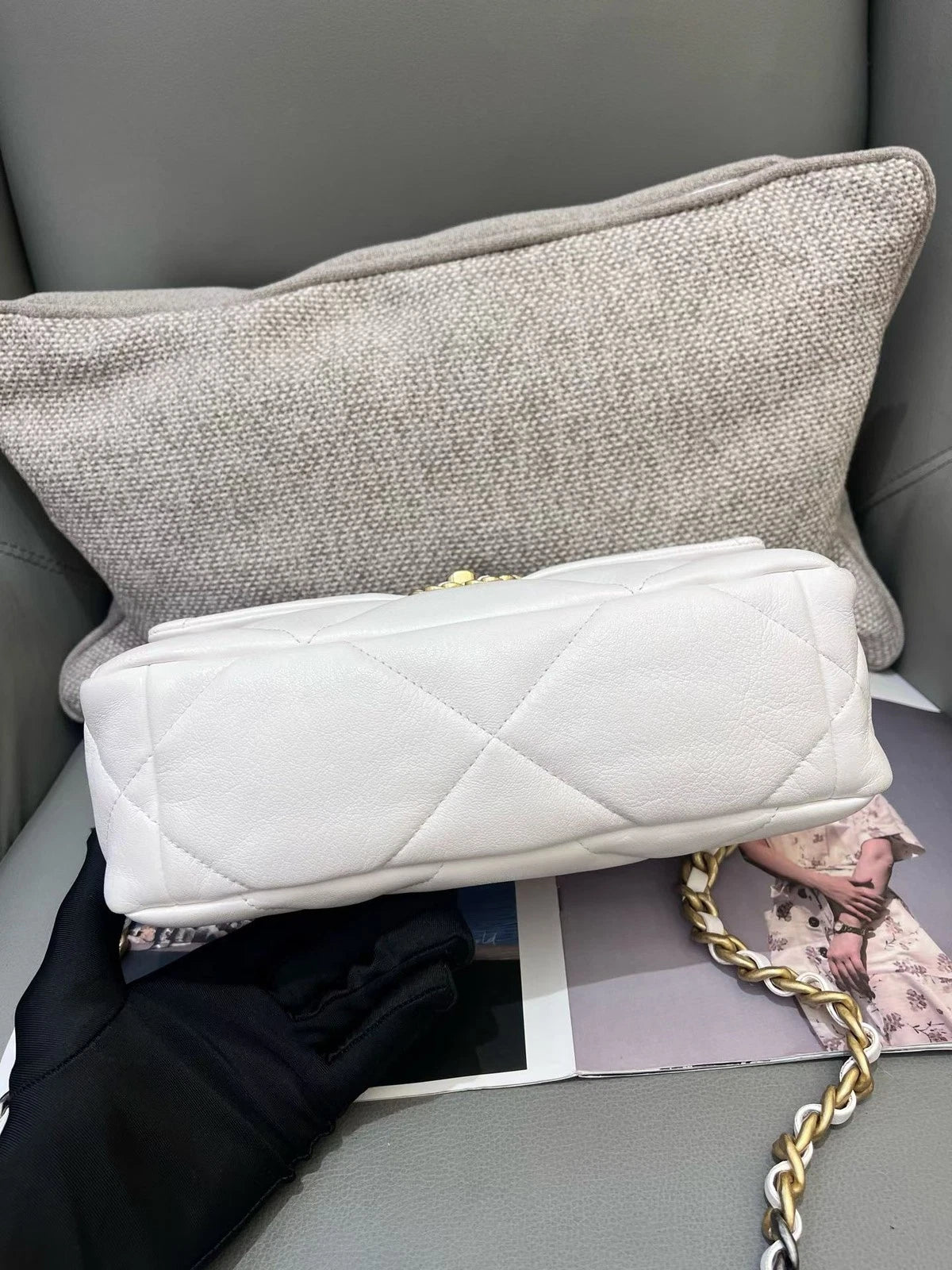 Chanel 19Bag PM Chain Top Handle Crossbody White Gold Women Classic