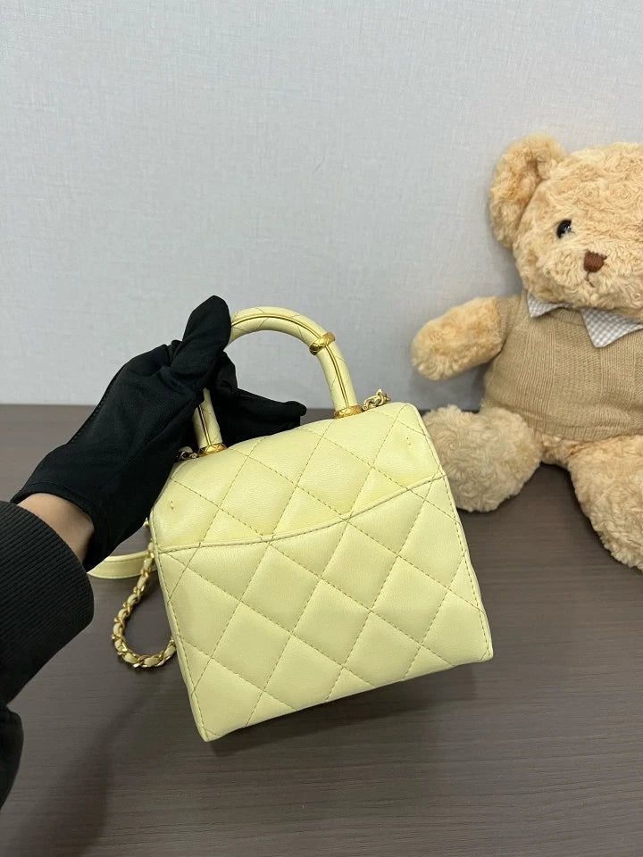 CHANEL 23S Yellow Lambskin Top Handle Box Bag For Women