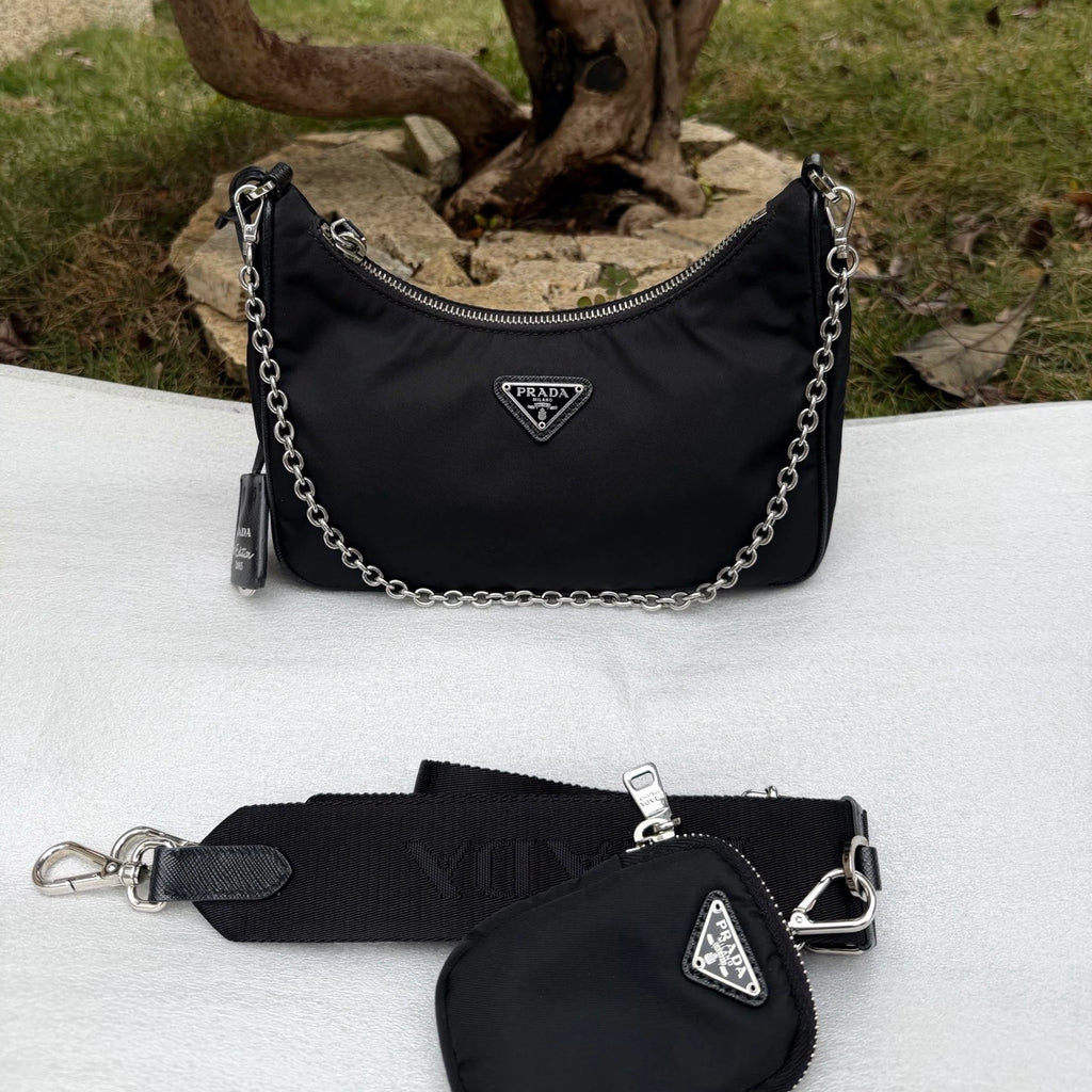 Prada Nylon Hobo Chain Shoulder Bag Crossbody Black Silver Women Classic