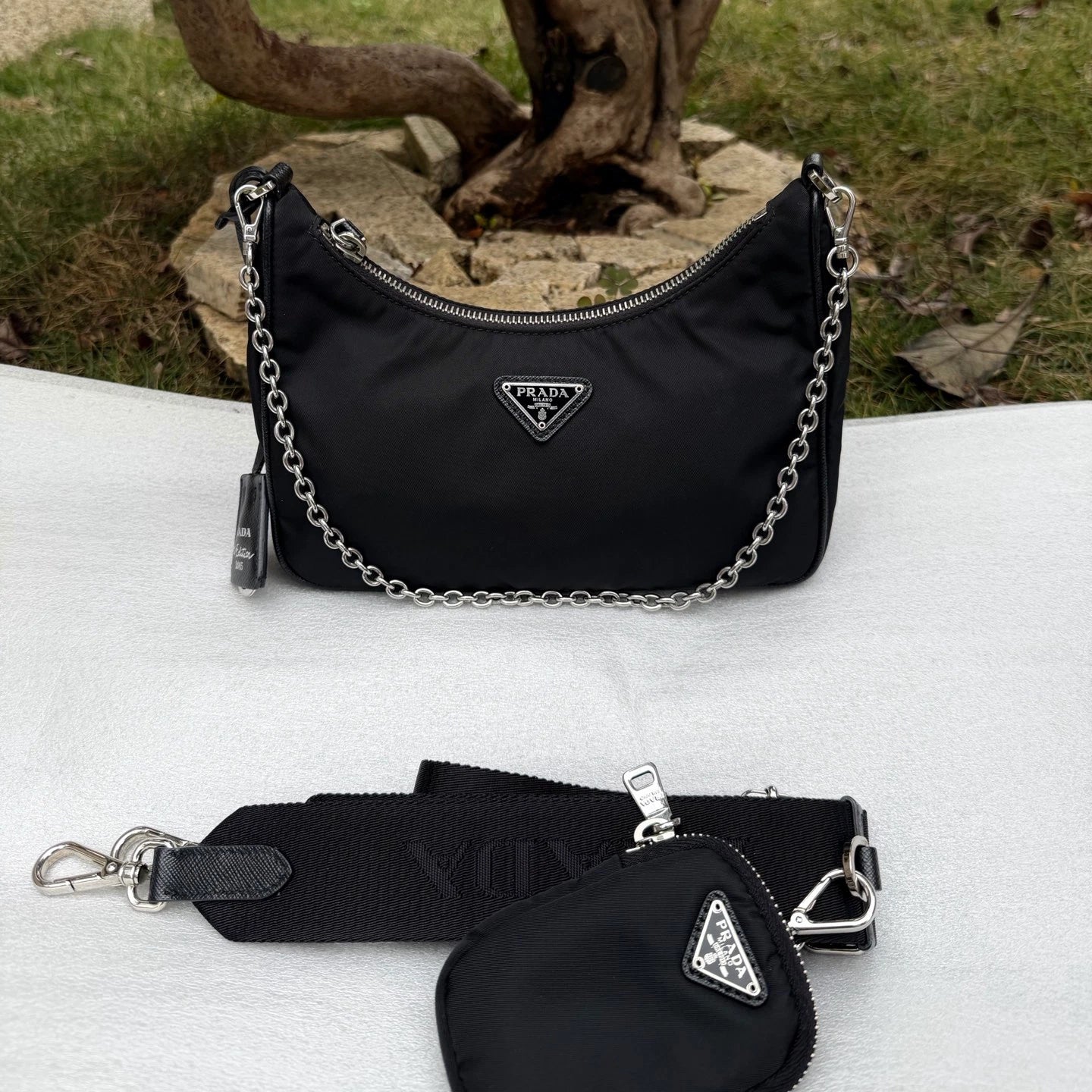 Prada Nylon Hobo Chain Shoulder Bag Crossbody Black Silver Women Classic