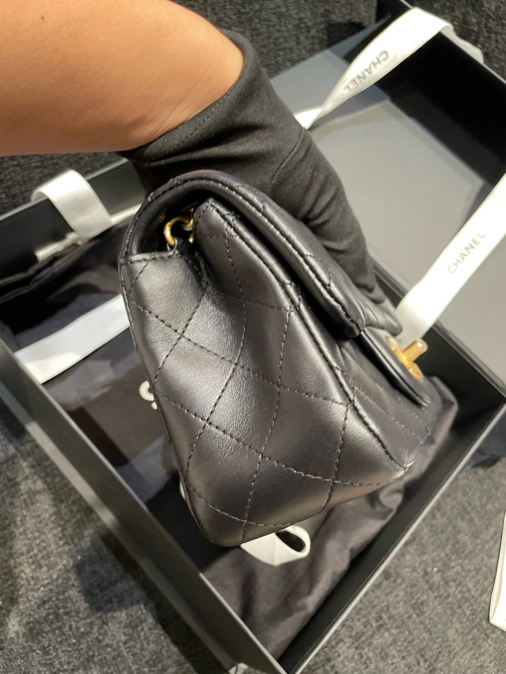 CHANEL New Leather Black Gold Square Mini Crossbody Bag For Women