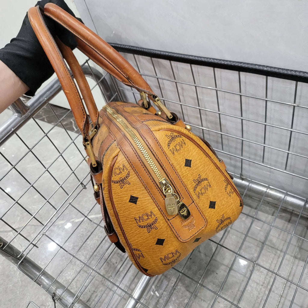 MCM Cognac Monogram PVC Boston Pillow Shoulder Handbag Women