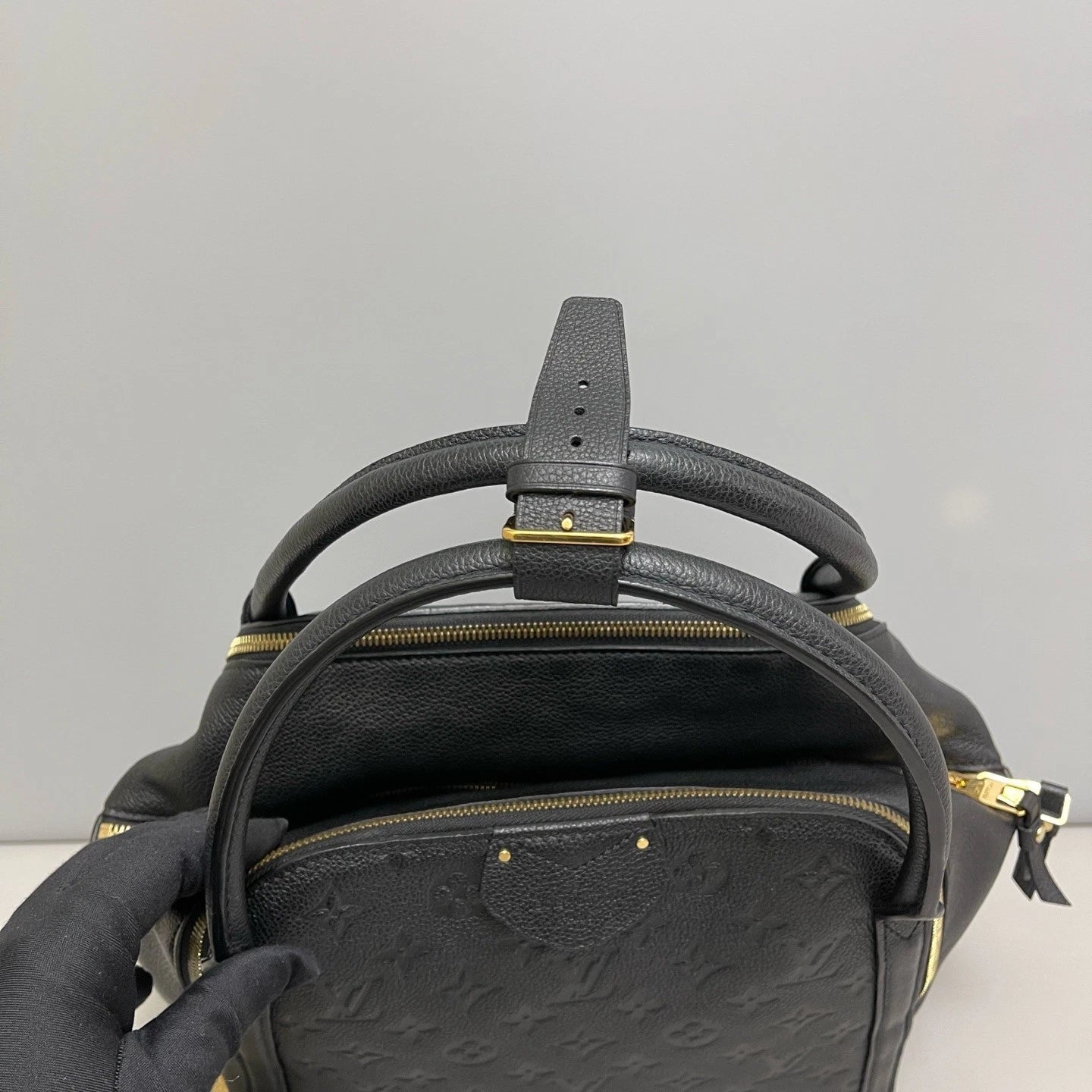 Authentic Louis Vuitton Marais Calfskin Monogram Top Handle Bag Black GHW