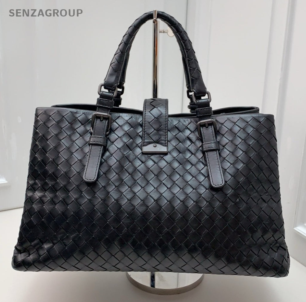 Bottega Veneta Classic Roma Intrecciato Top Handle Shoulder Crossbody Bag Black