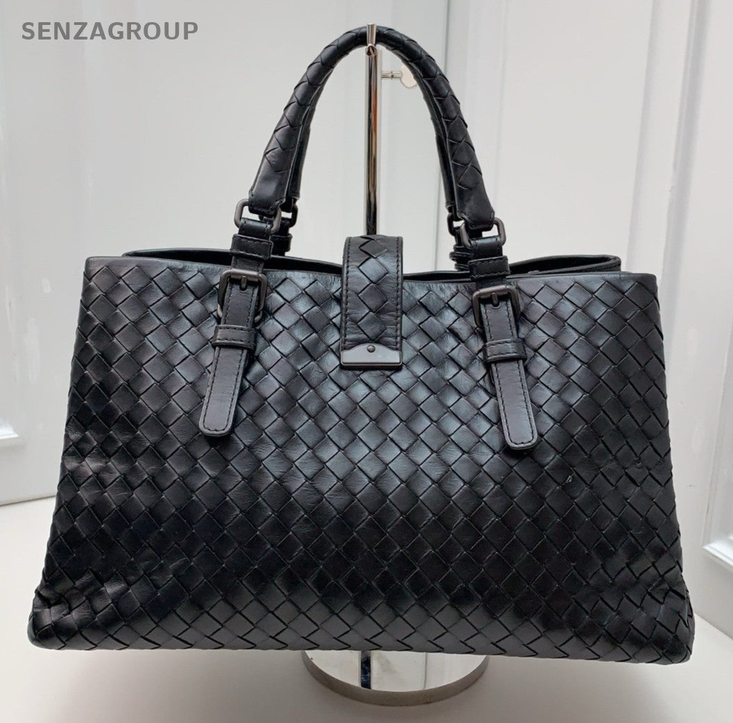 Bottega Veneta Classic Roma Intrecciato Top Handle Shoulder Crossbody Bag Black