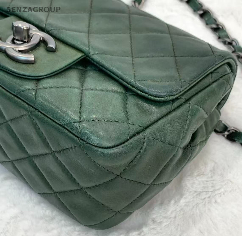 Chanel Classic Flap Mini Lambskin Chain Shoulder Bag Green Silver Women Diamond