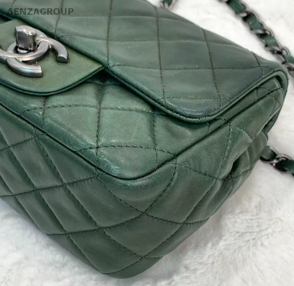Chanel Classic Flap Mini Lambskin Chain Shoulder Bag Green Silver Women Diamond