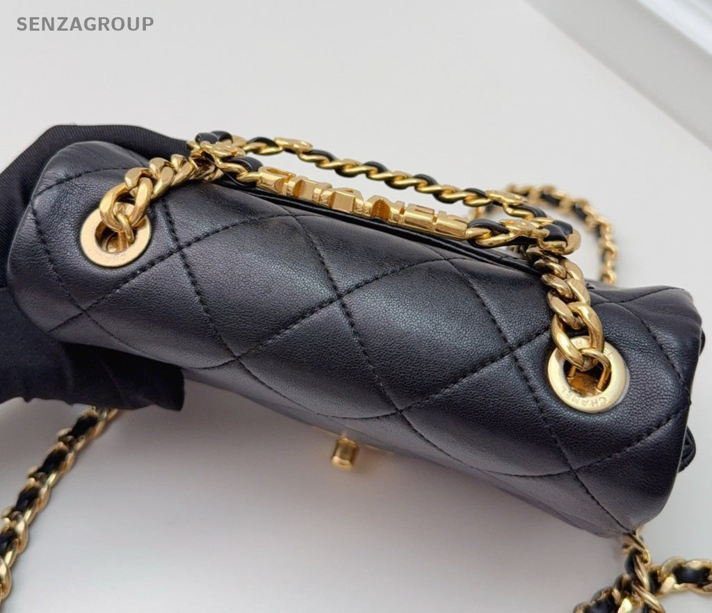 Chanel Diamond PM Black Gold Diamond Top Handle Bag Chain Crossbody Women