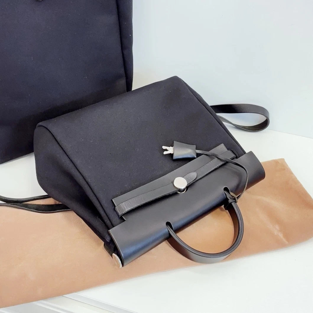 Hermes Herbag Canvas Backpack Black Silver Unisex Adults Classic